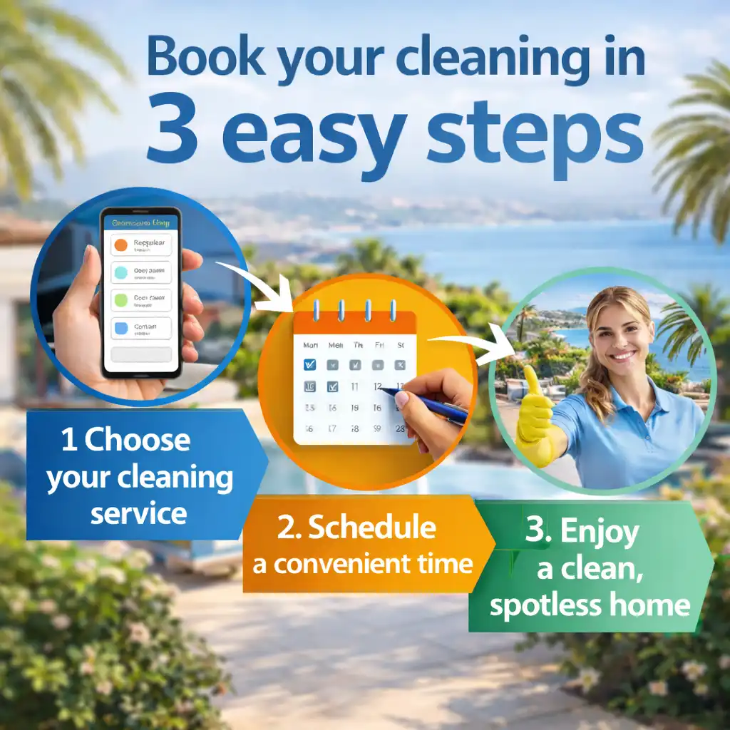 Book your cleaning in 3 easy steps: choose your cleaning service, schedule a convenient time, and enjoy a clean, spotless home