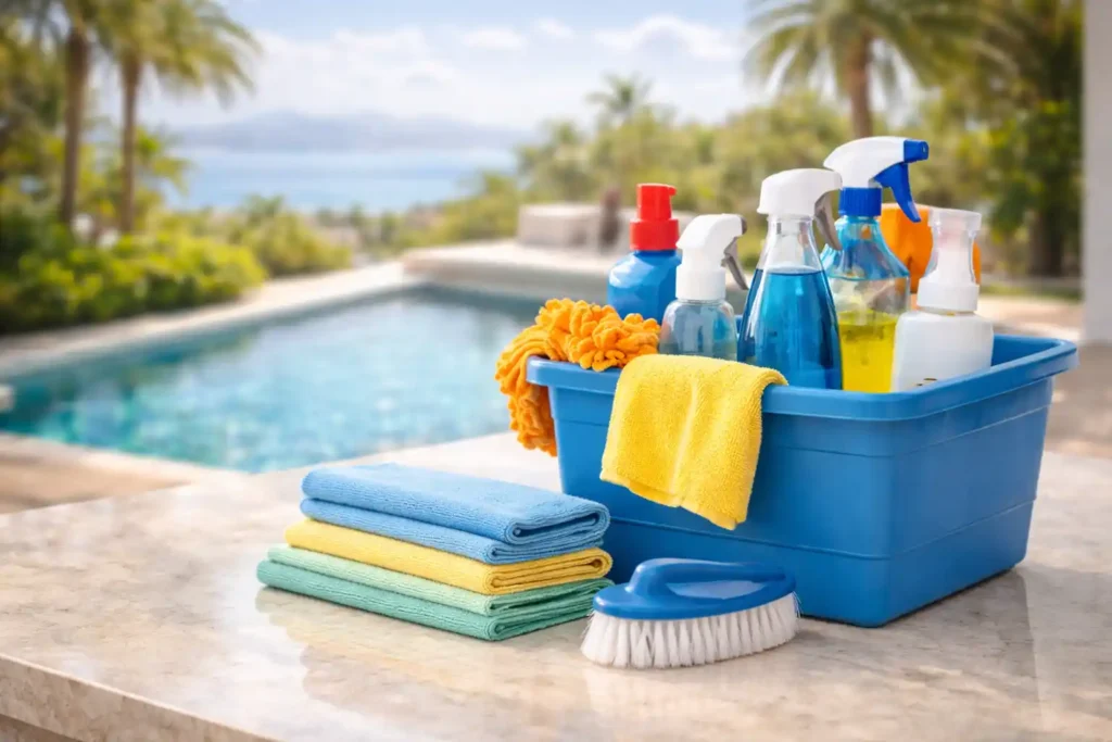 Professional cleaning supplies in a modern luxury villa in Marbella