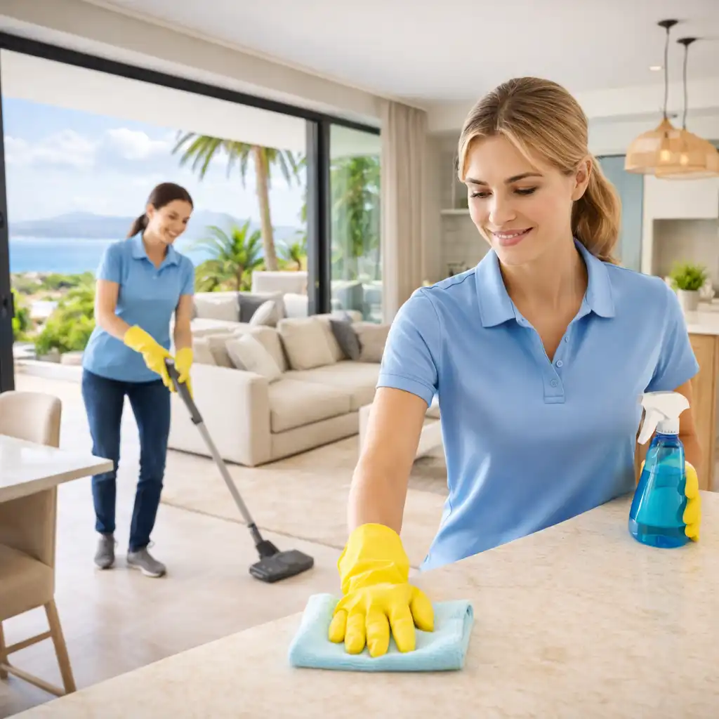 Professional cleaners in action cleaning a modern luxury home in Marbella